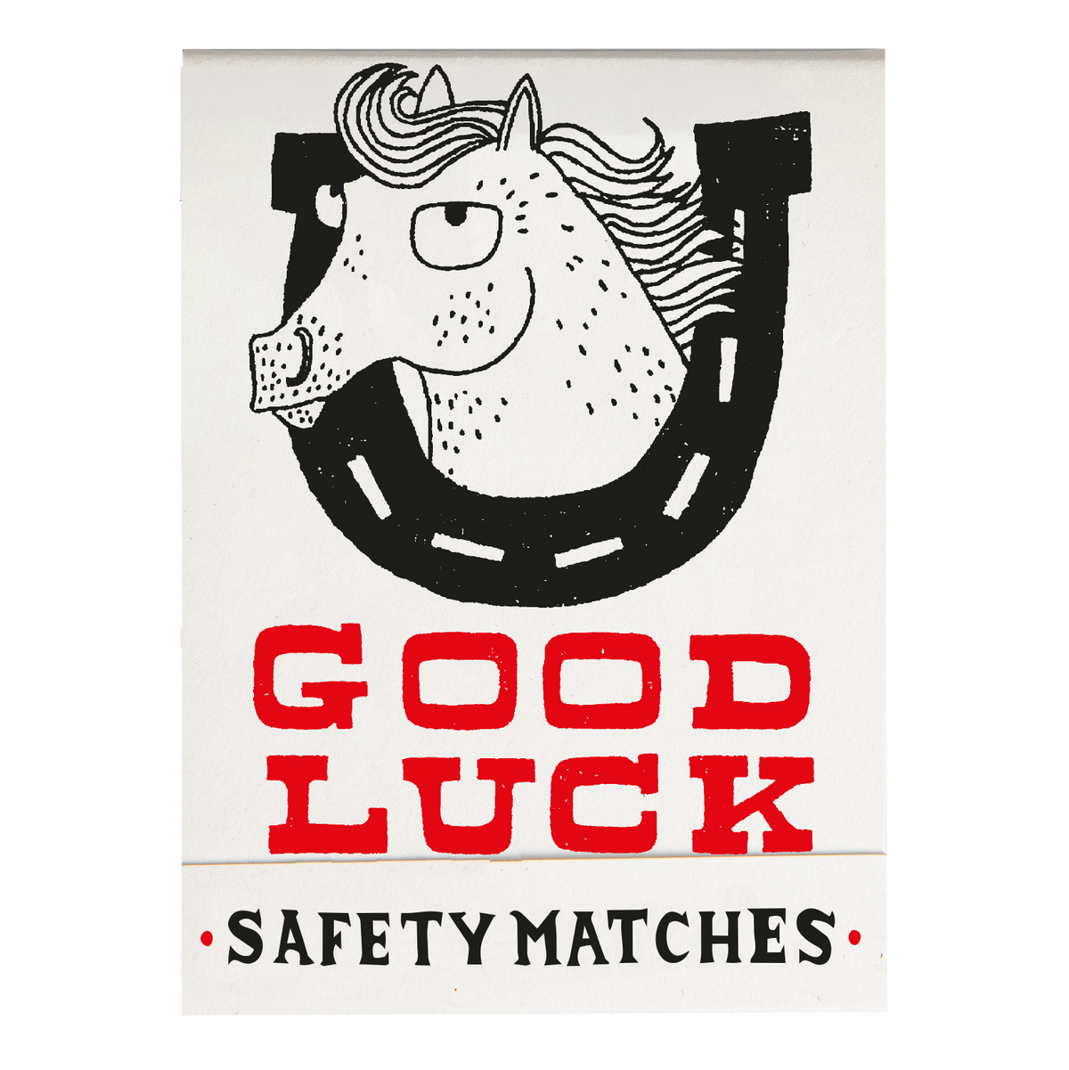 Match book cover: a horse in a horseshoe: Good luck, safety matches