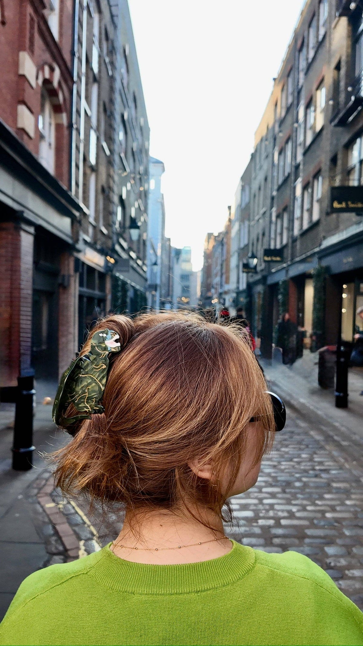 Woman on a cobbled street wearing the T-Rex clip