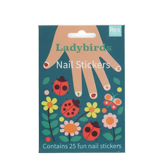 Rex Ladybirds nail stickers pack: a hand with ladybird nails above flowers and ladybirds