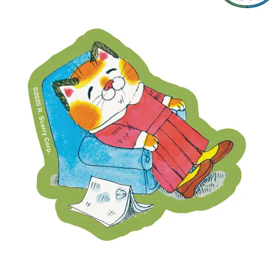 Richard Scarry sticker: Sally Cat lounging in an armchair