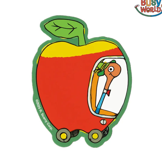 Richard Scarry apple car sticker: Lowly Worm driving a red apple car