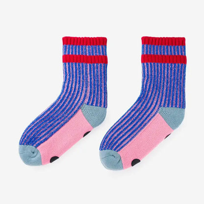 Verloop Gym house socks: ribbed cobalt and pink with red stripes on the cuff, pink soles and pale blue heels and toes