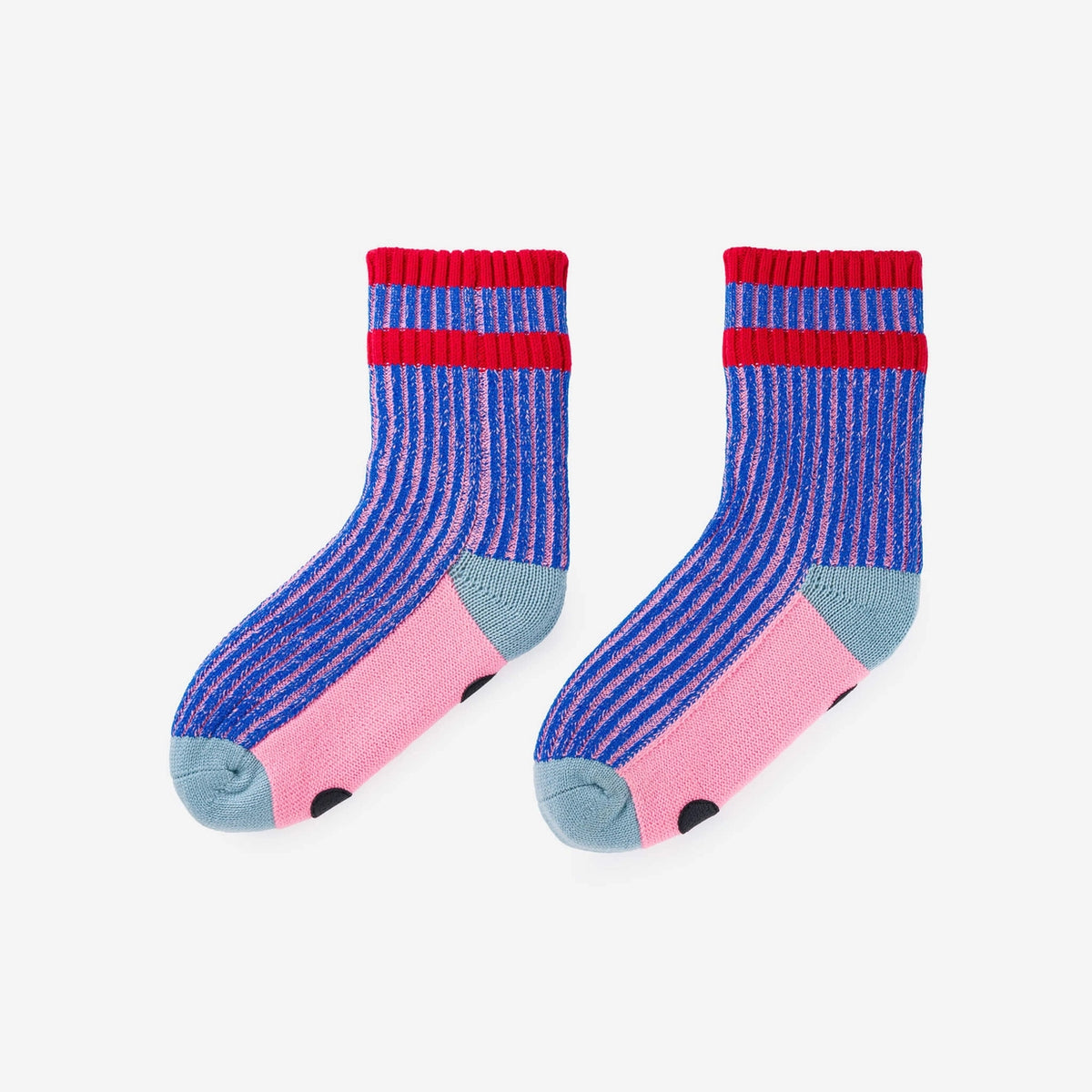 Cobalt and red ribbed house socks with pink feet and grip dots