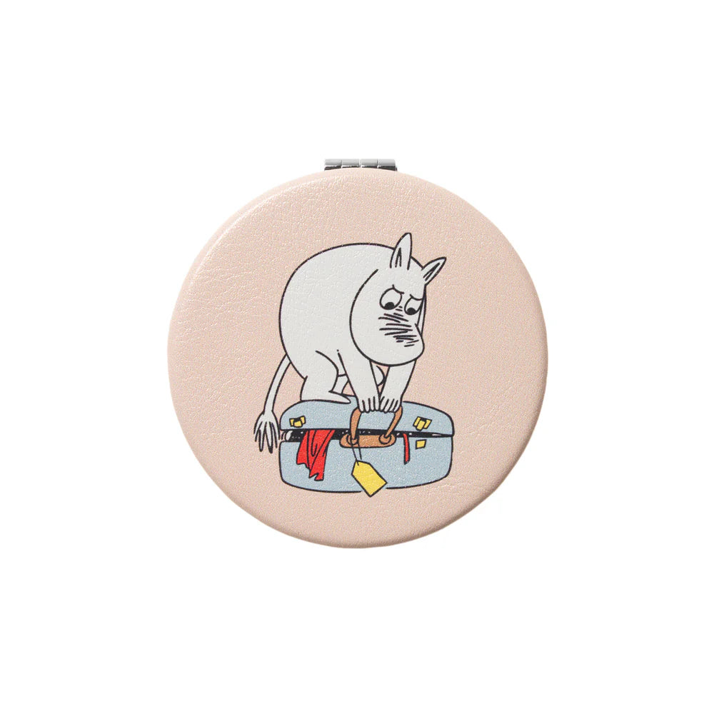 Moomin Holiday Rush pocket mirror: Moominpappa packing a suitcase, on pink