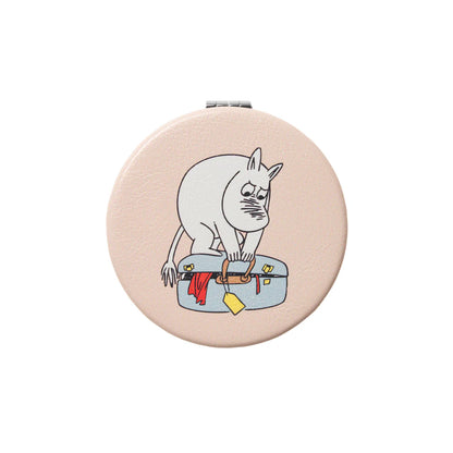Moomin Holiday Rush pocket mirror: Moominpappa packing a suitcase, on pink