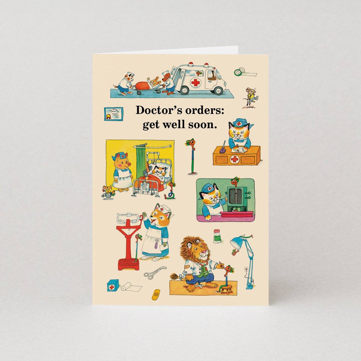 Richard Scarry card with doctors, nurses and patients: Doctor's orders: get well soon.