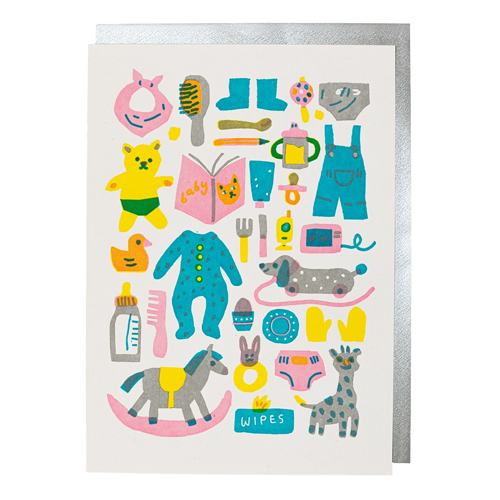 Archivist baby card: a pattern of baby clothes, toys, a bottle and a rocking horse