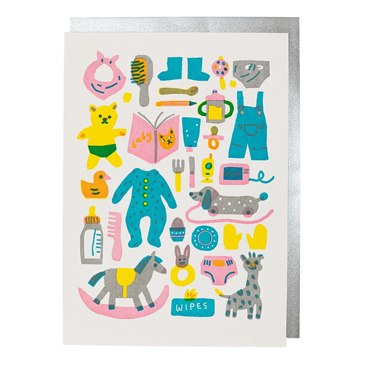 Archivist baby card: a pattern of baby clothes, toys, a bottle and a rocking horse
