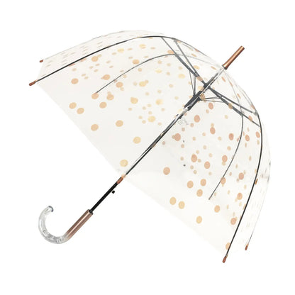 Clear dome umbrella with copper polka dots and a clear crook handle
