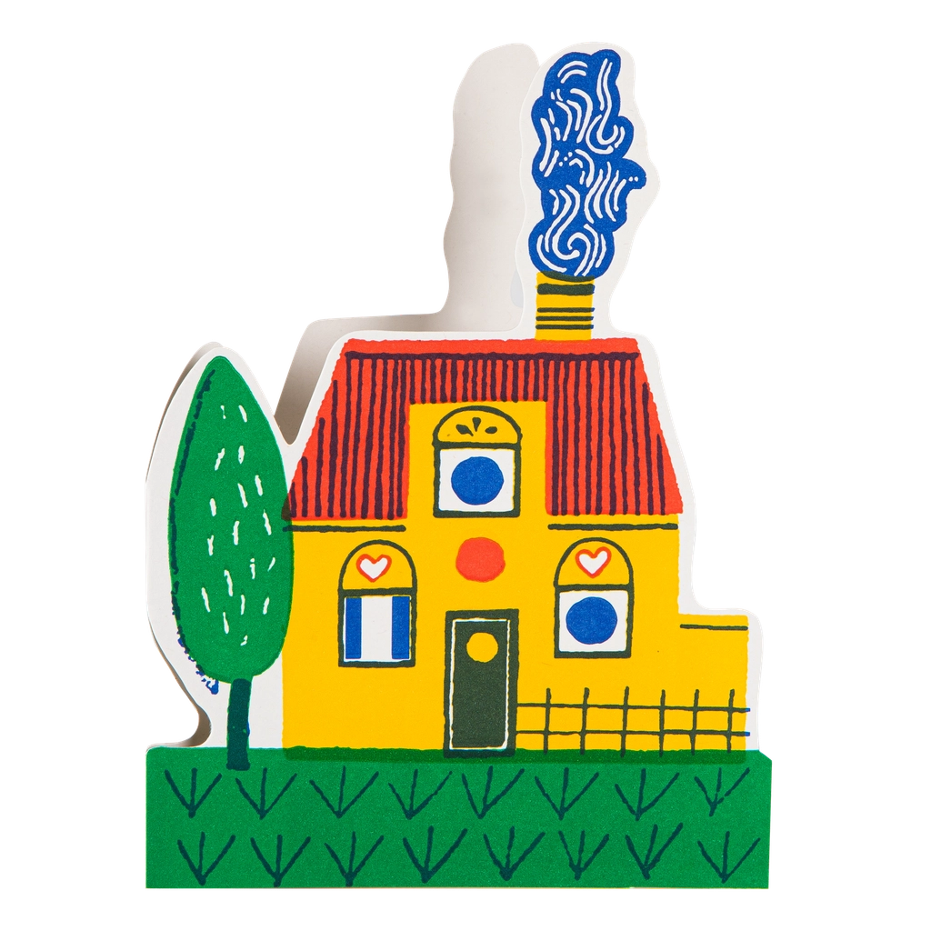 Archivist cut-out card shaped like a yellow house with a red roof, a tree and a puff of blue smoke
