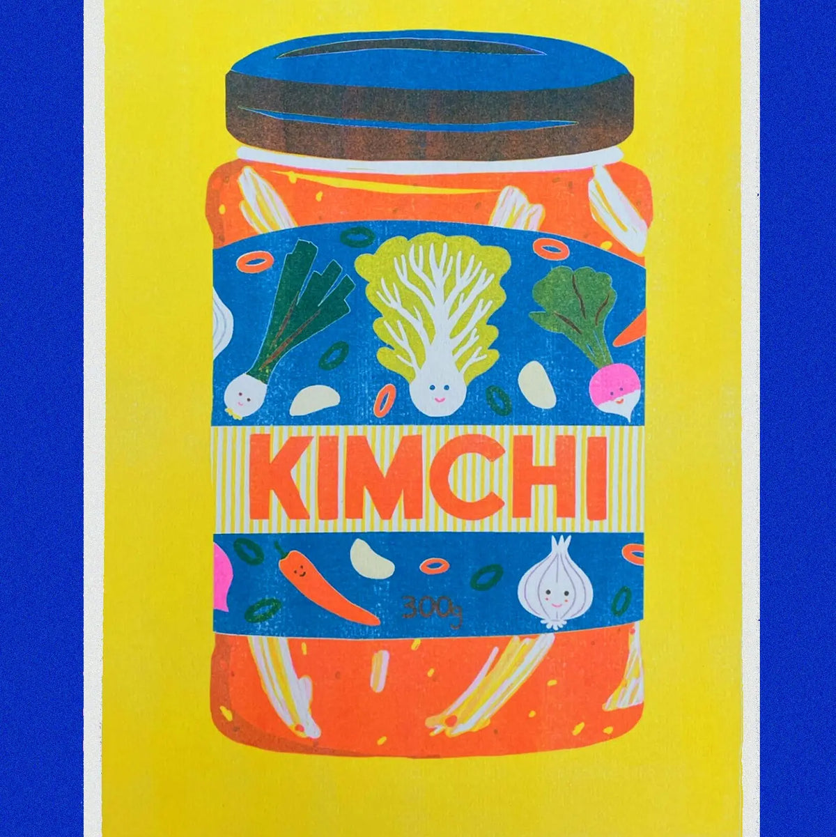 Naomi Wilkinson A4 riso print: a jar of kimchi with smiling vegetables, on yellow and blue