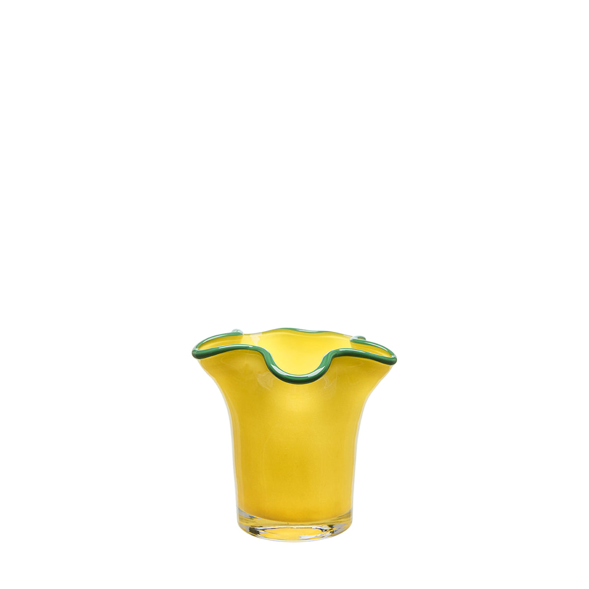Wikholm yellow glass candle holder with a ruffled green rim