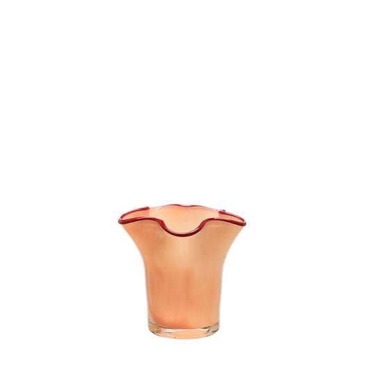 Wikholm orange glass candle holder with a ruffled red rim
