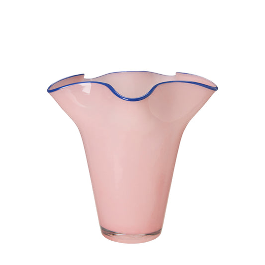 Wikholm pale pink glass vase with a ruffled rim edged in blue