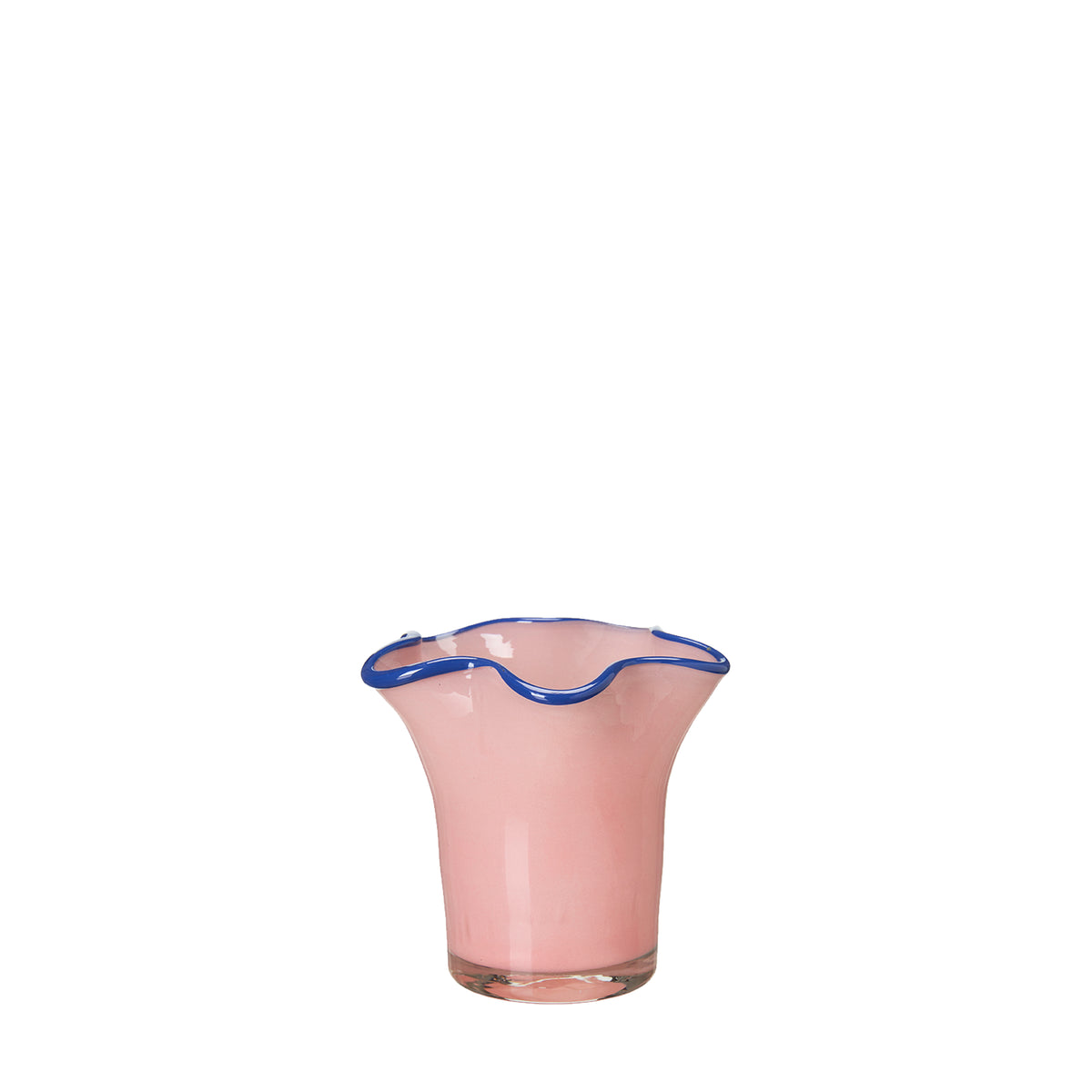 Wikholm pink glass candle holder with a ruffled blue rim