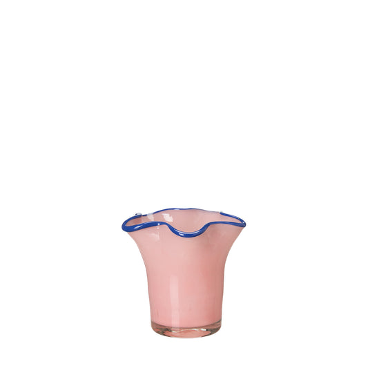 Wikholm pink glass candle holder with a ruffled blue rim