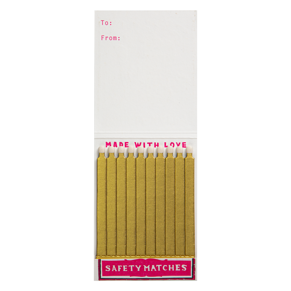 Inside the Double Happy match book with gold matches and a To/From space