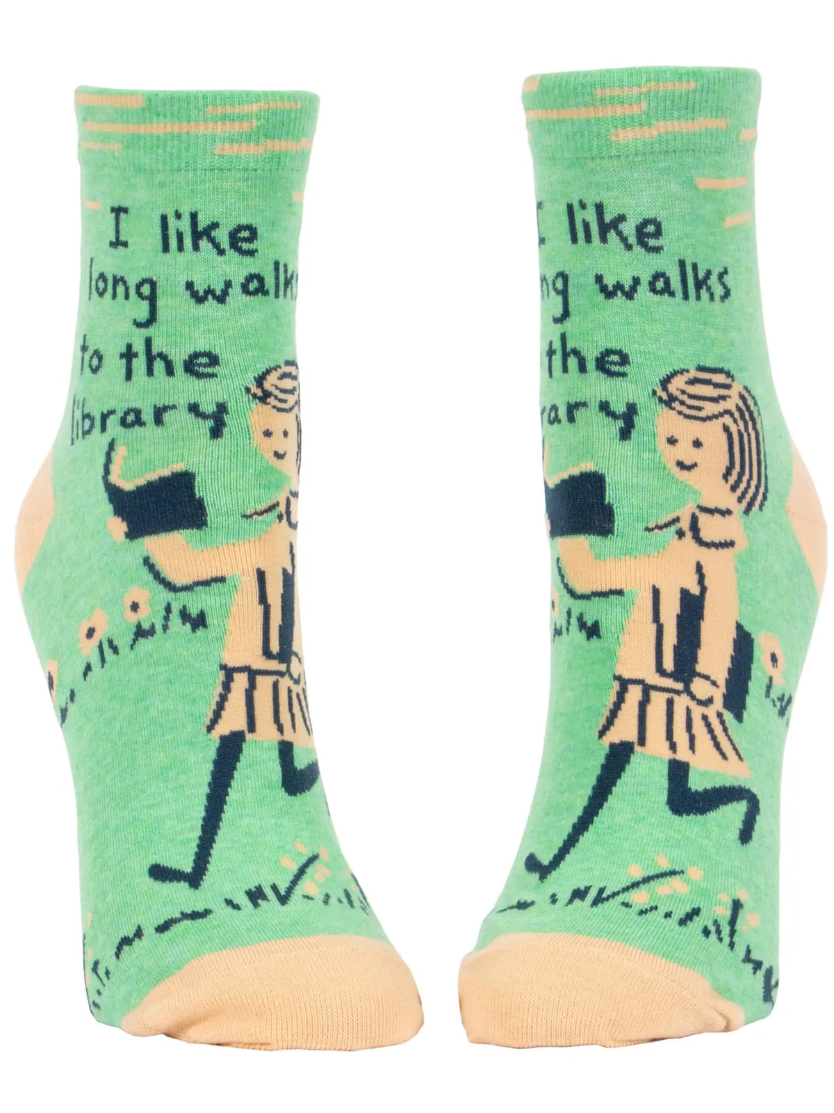 Blue Q green ankle socks reading 'I like long walks to the library', with a girl carrying books