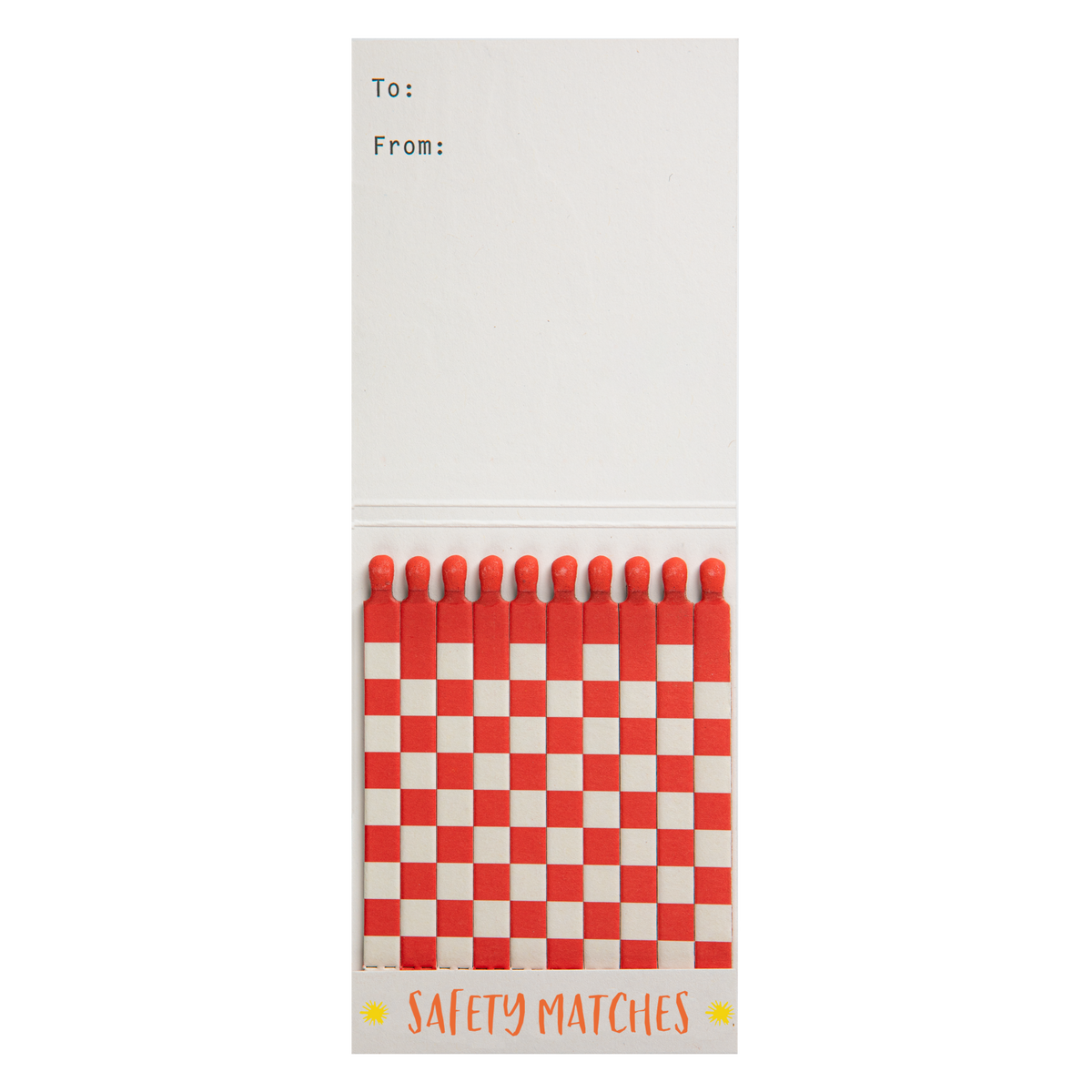 Inside the Sun match book with red and white matches and a To/From space
