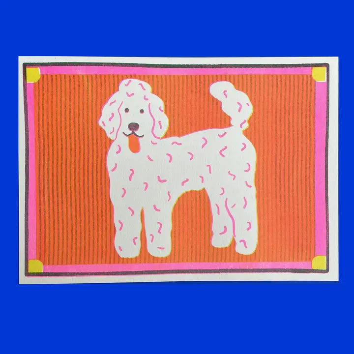 Naomi Wilkinson A5 print: a white poodle on orange
