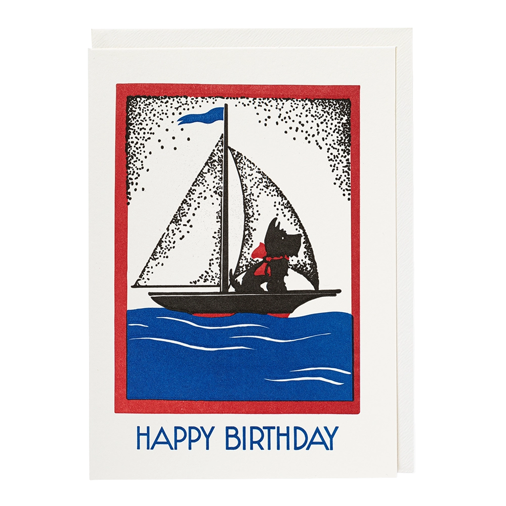 Archivist card: a black Scottie dog sailing a boat on blue waves, with 'Happy birthday'