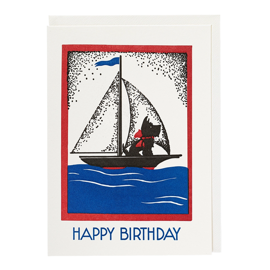 Archivist card: a black Scottie dog sailing a boat on blue waves, with 'Happy birthday'