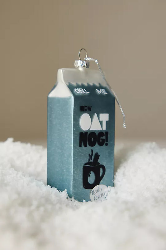 Glass carton-shaped Christmas decoration: Oat nog!