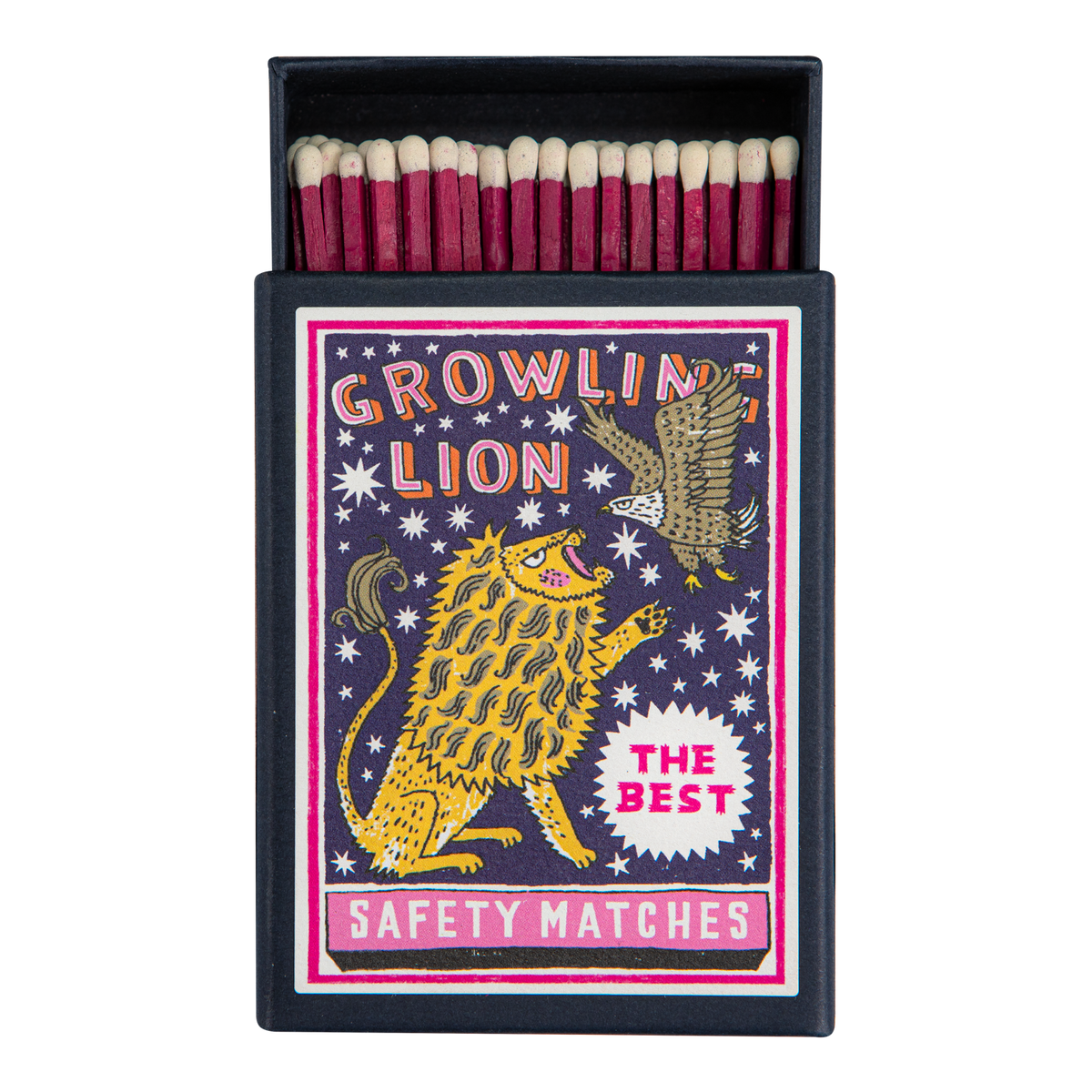 Keepsake matchbox with a lion: Growling lion, the best safety matches