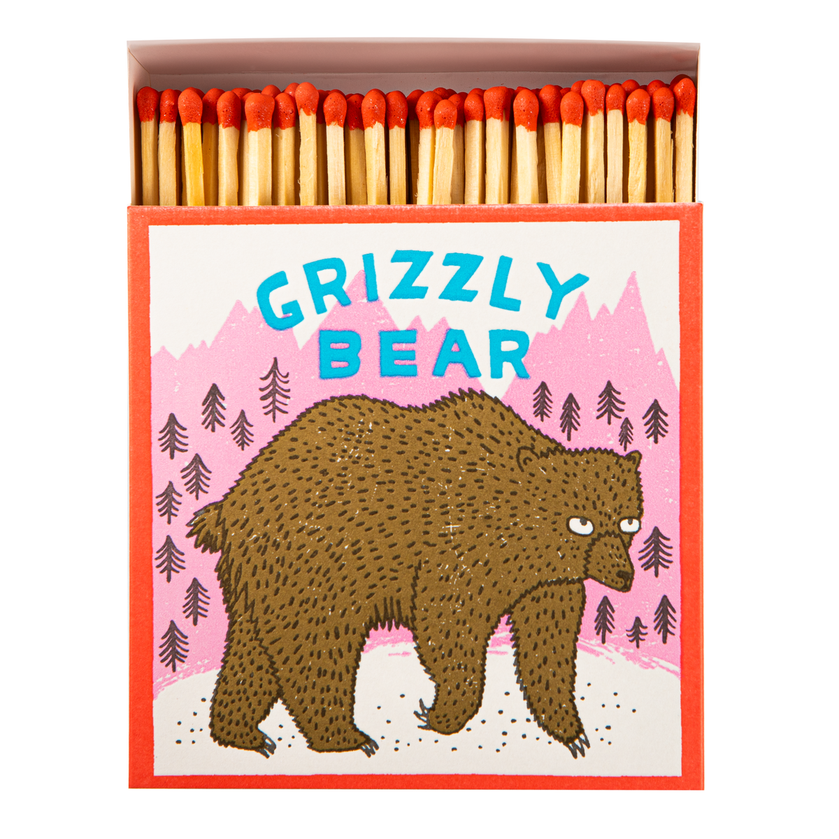Square matchbox with a grizzly bear, open to show red-tipped matches