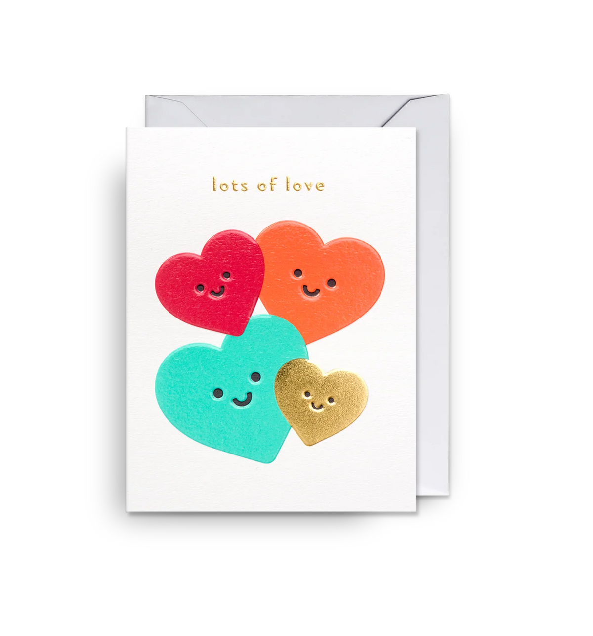 Lagom mini card: four smiling hearts in red, orange, teal and gold, with 'Lots of love'