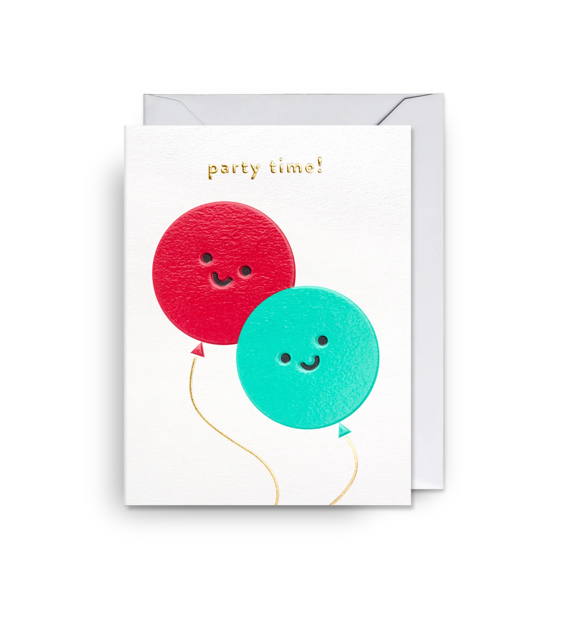 White card with smiling red and teal balloons: party time!