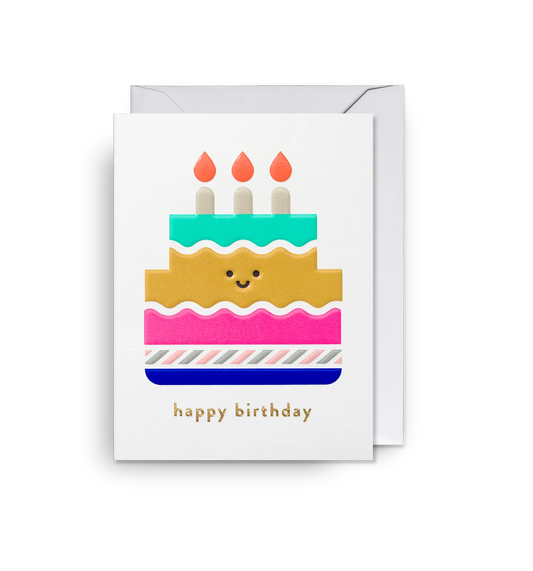 Mini card with a smiling layered birthday cake in teal, gold, pink and blue with three candles: happy birthday