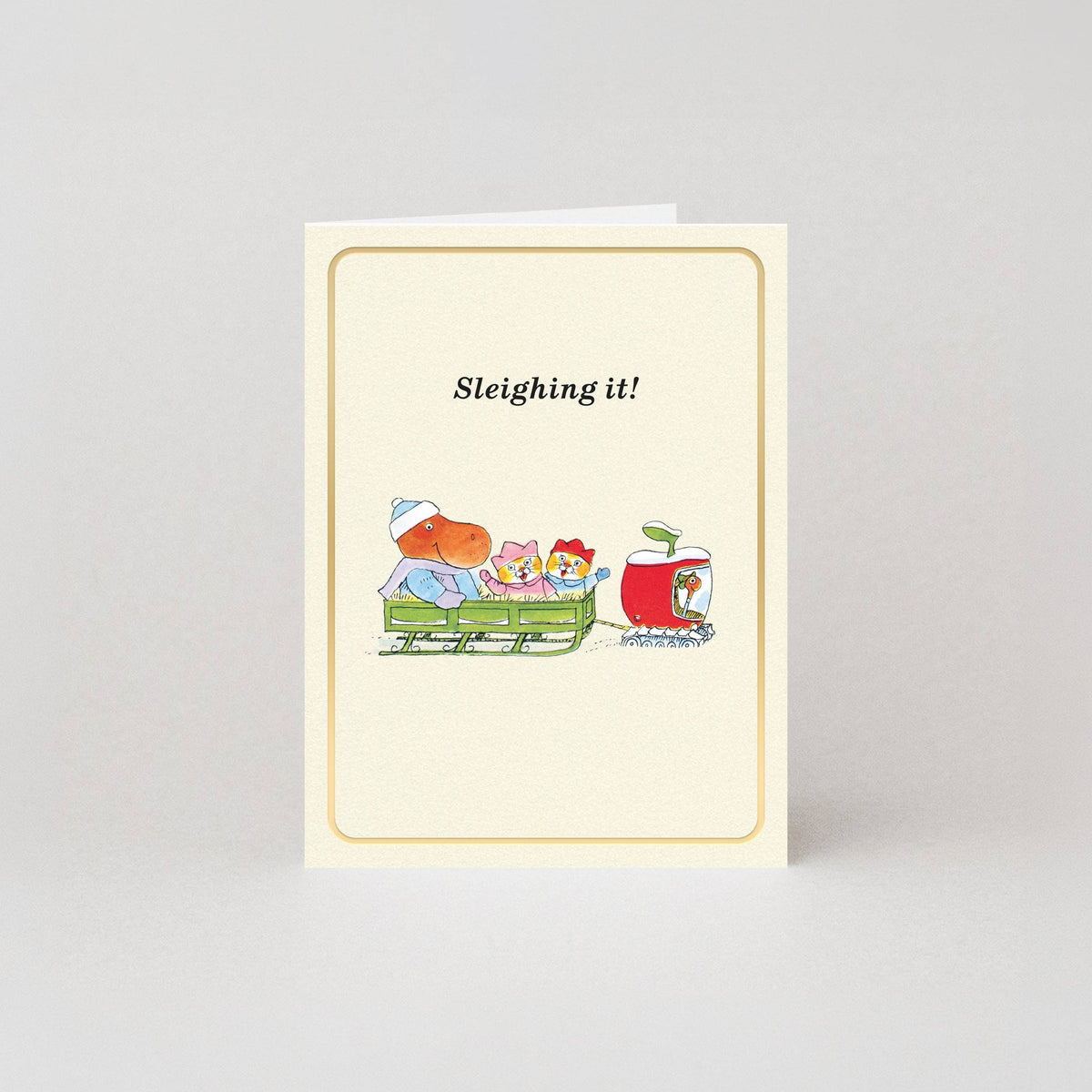 Sleighing It - Gold Foil - Mini Christmas Card by Richard Scarry