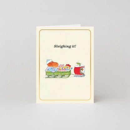 Sleighing It - Gold Foil - Mini Christmas Card by Richard Scarry