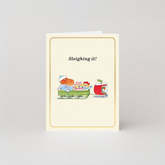Sleighing It - Gold Foil - Mini Christmas Card by Richard Scarry