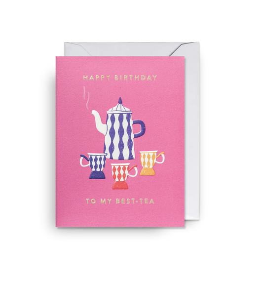 Lagom mini card: a patterned teapot and teacups on pink, with 'Happy birthday to my best-tea'