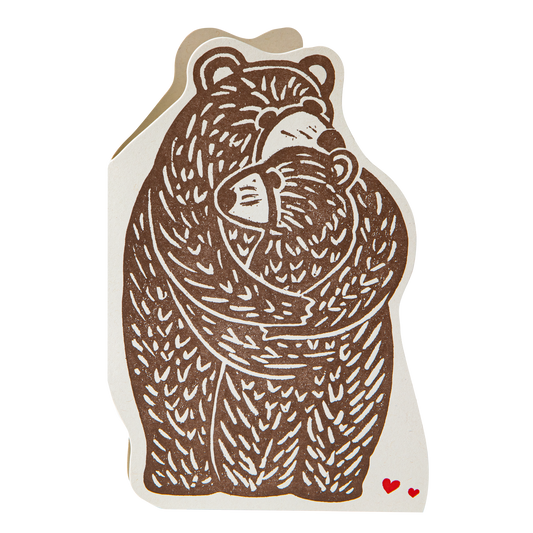 Cut-out card of two brown bears hugging