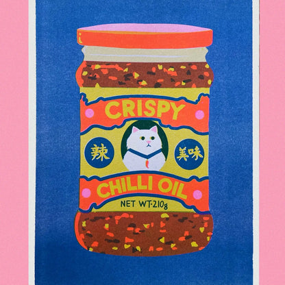 Riso print of a jar of crispy chilli oil with a white cat on the label