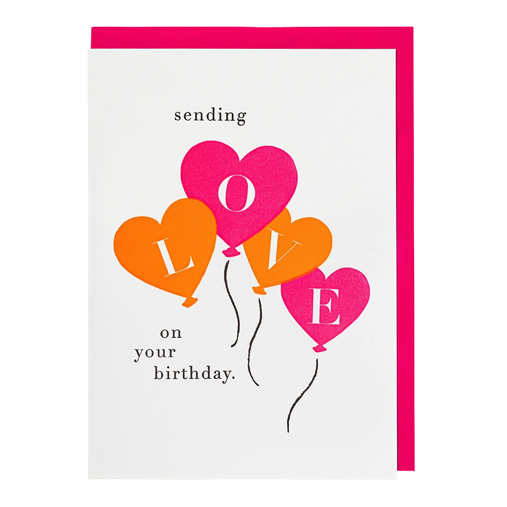 Archivist card: heart balloons spelling 'Love', with 'Sending love on your birthday'