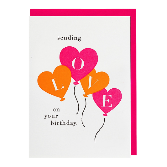 Archivist card: heart balloons spelling 'Love', with 'Sending love on your birthday'