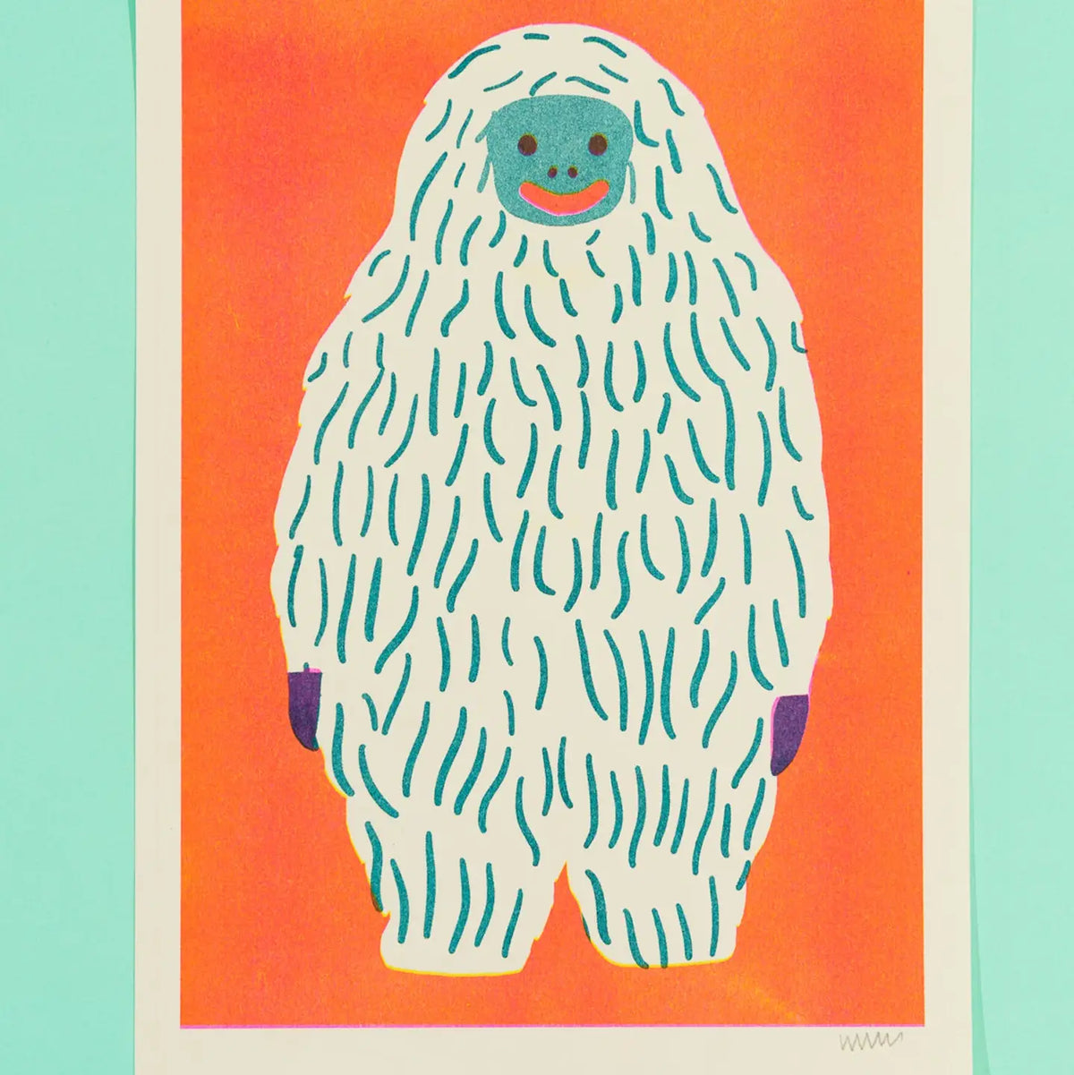 Naomi Wilkinson A4 print: a shaggy white yeti on orange