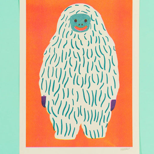 Naomi Wilkinson A4 print: a shaggy white yeti on orange