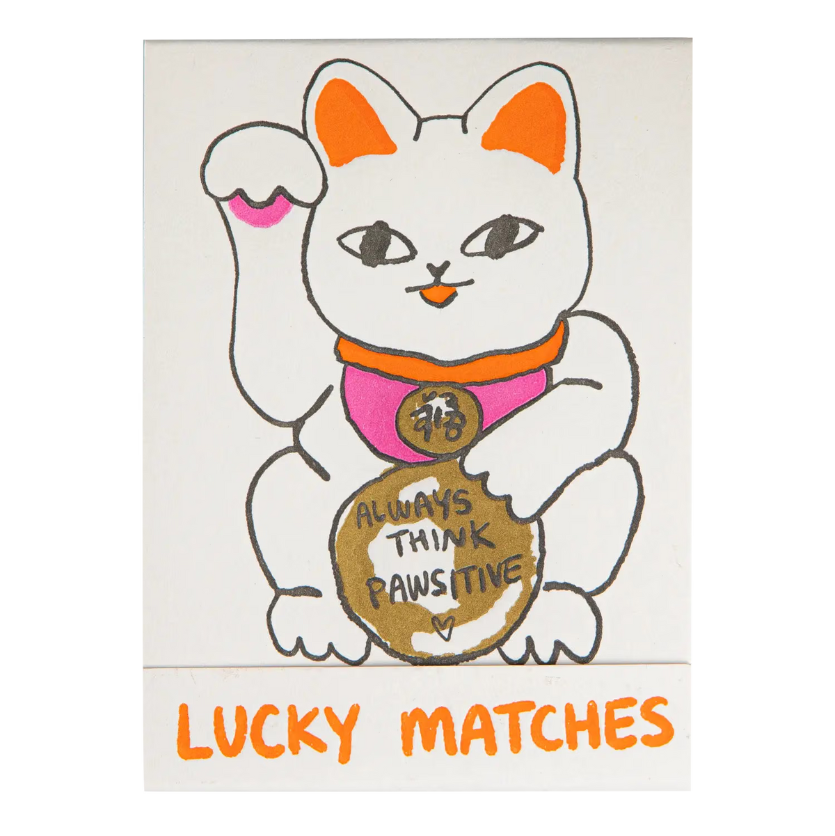 Archivist Lucky Matches book: a white lucky cat holding a coin reading 'Always think pawsitive'