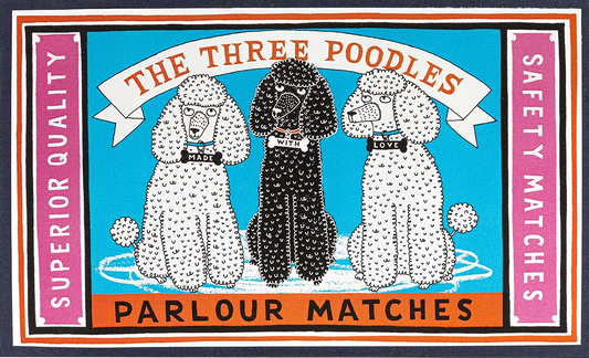 Archivist matchbox: three poodles in black and white, with 'The three poodles parlour matches'