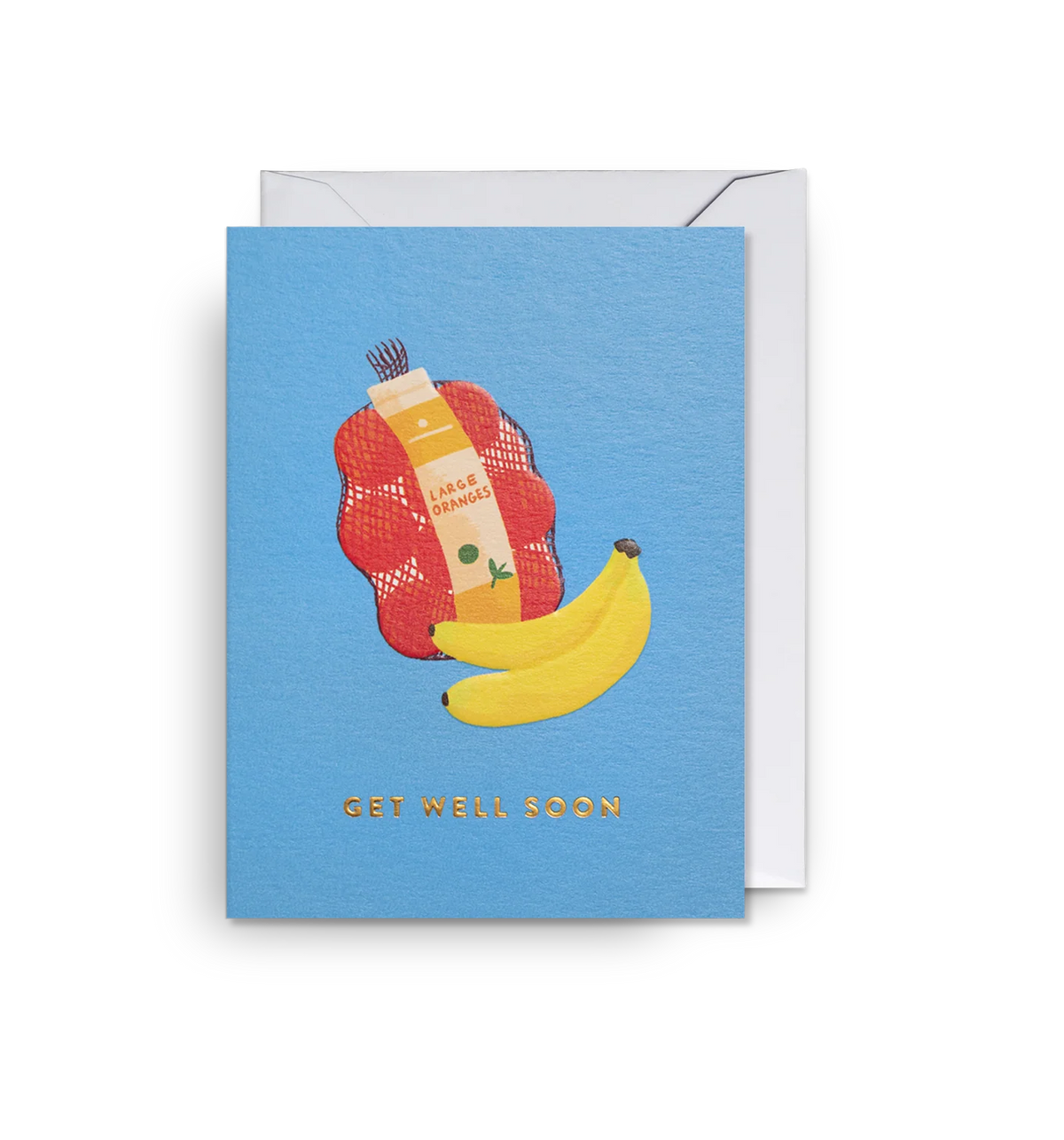 Lagom card: a hot water bottle and bananas on blue, with 'Get well soon'