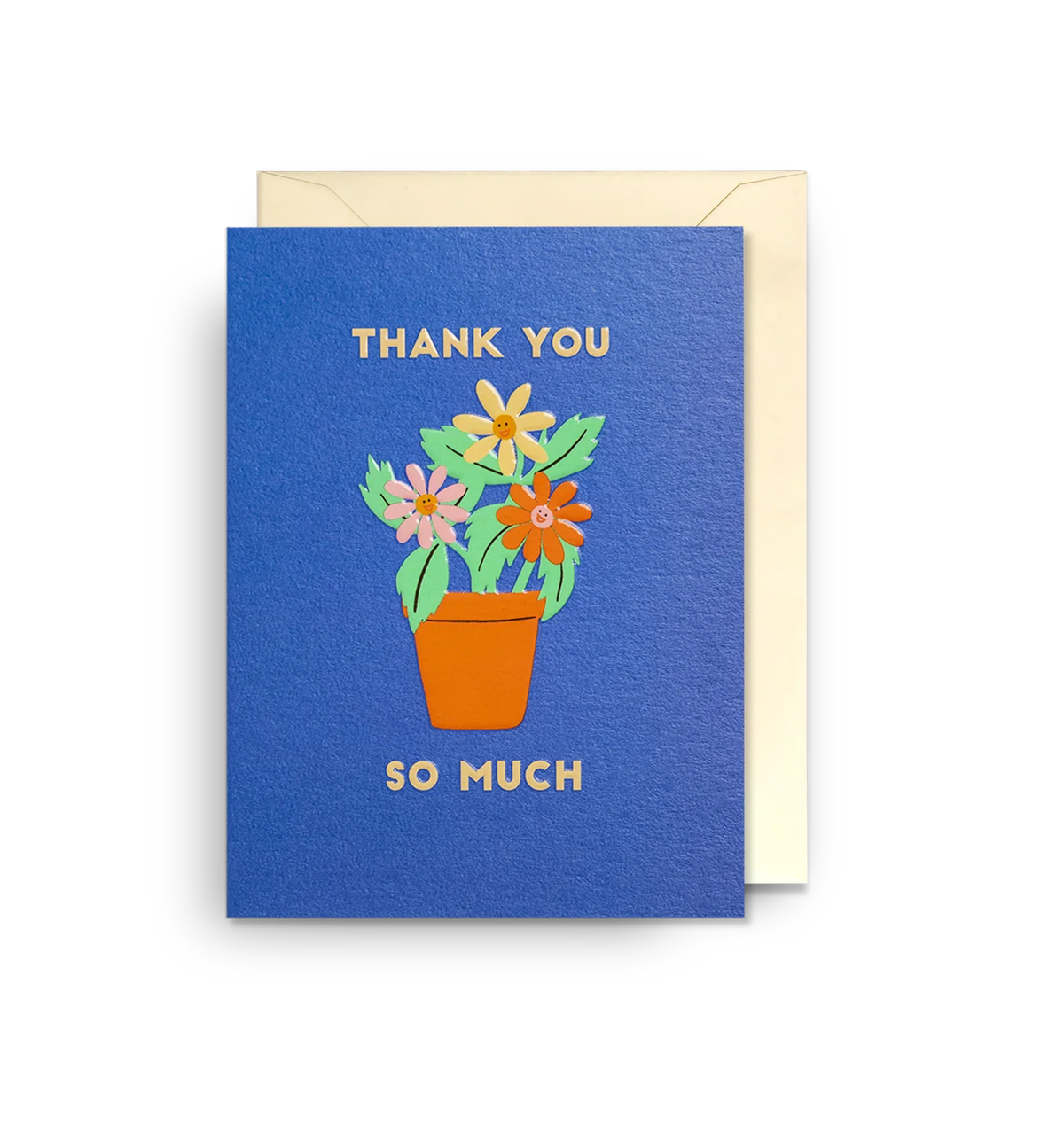 Blue card with a pot of flowers: Thank you so much
