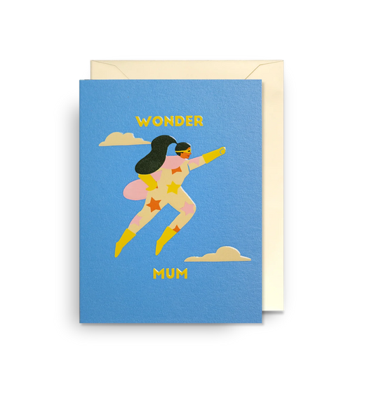 Blue mini card with a flying superhero mum among clouds: Wonder Mum