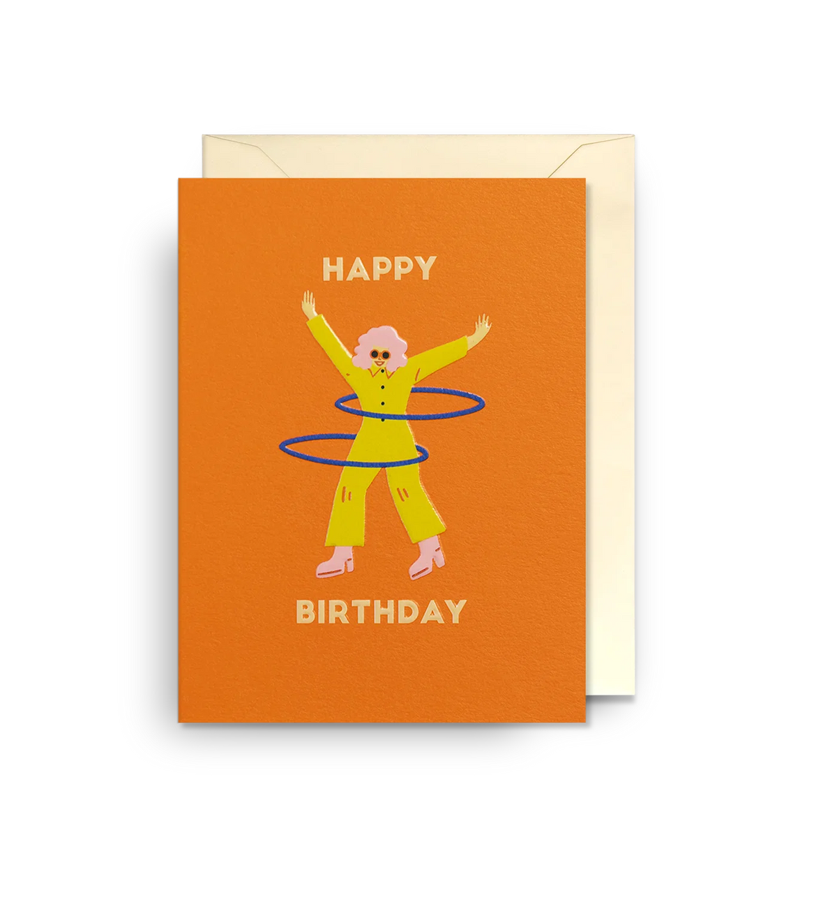 Lagom mini card: a woman in yellow spinning a hula hoop on orange, with 'Happy birthday'