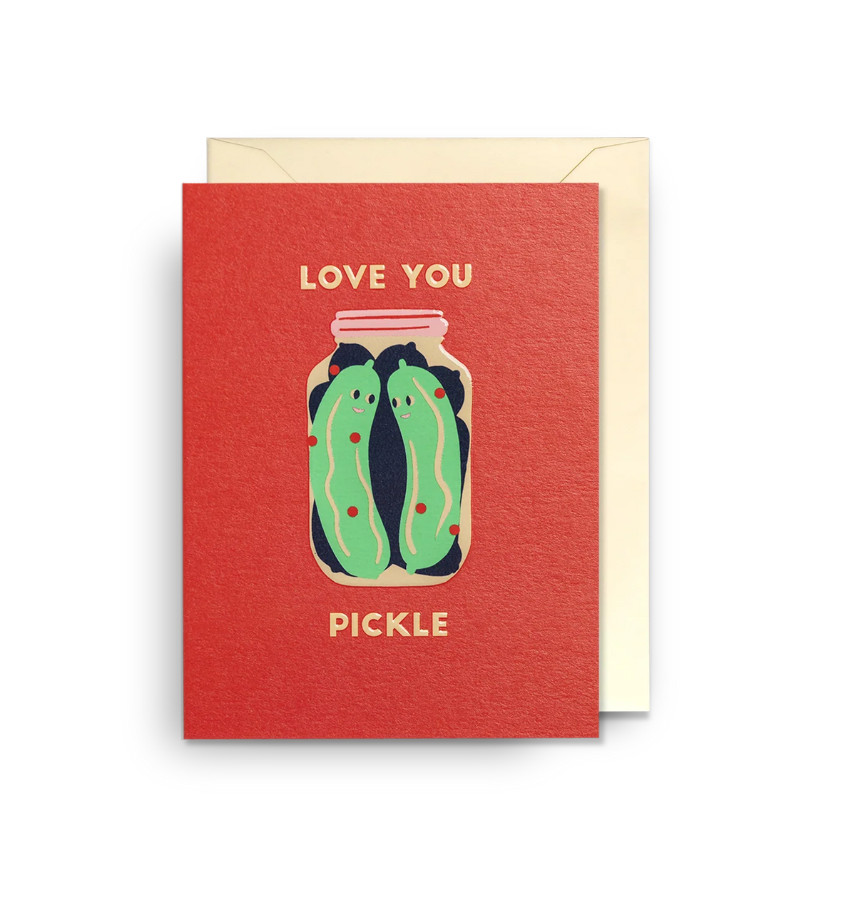 Lagom card: a jar of smiling pickles on red, with 'Love you pickle'
