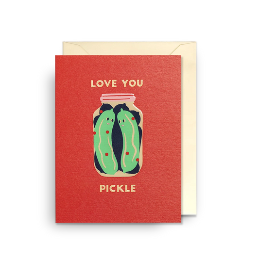 Lagom card: a jar of smiling pickles on red, with 'Love you pickle'